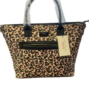 Trina Turk Leopard Print Tote - Brown black pink and green vegan leather